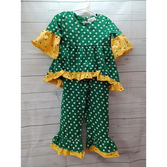 Parya Toddler Girl 2 Pcs Set Sz 6T Green Yellow Floral Polkadot Ruffles - Picture 1 of 7